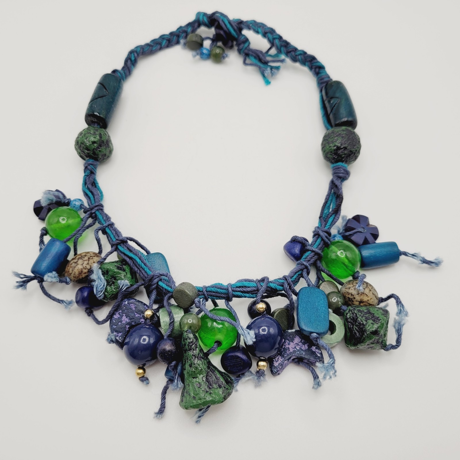 Eclectic Artsy Artisan Braided Cotton Mixed Material Beaded Vintage Necklace