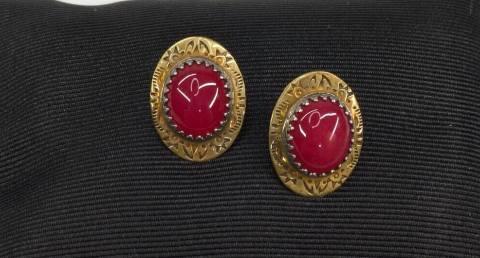 MW Signed Pink Stone Cabochon Brass Sterling Southwestern Pierced Earrings 3/4″