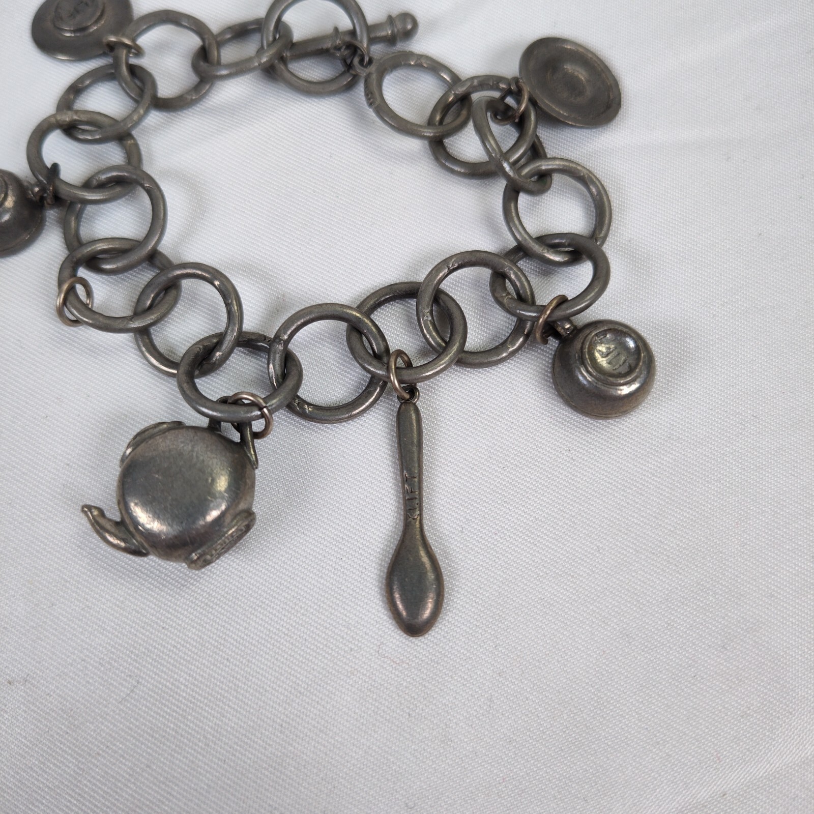 Jim Clift Pewter Tea Pot Charm Bracelet and Earrings Set Toggle Clasp