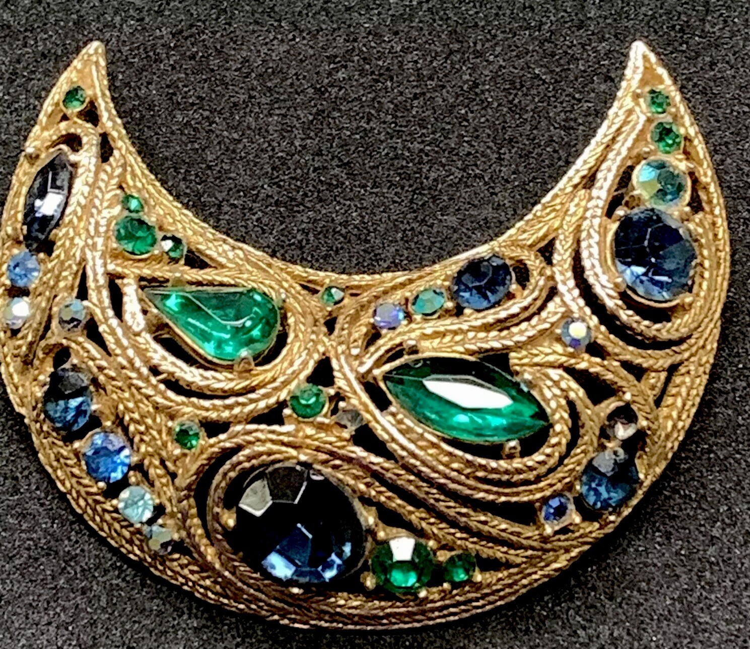 Vintage La Roco Filigree CRESCENT Brooch Jeweled 1950’s Made in USA