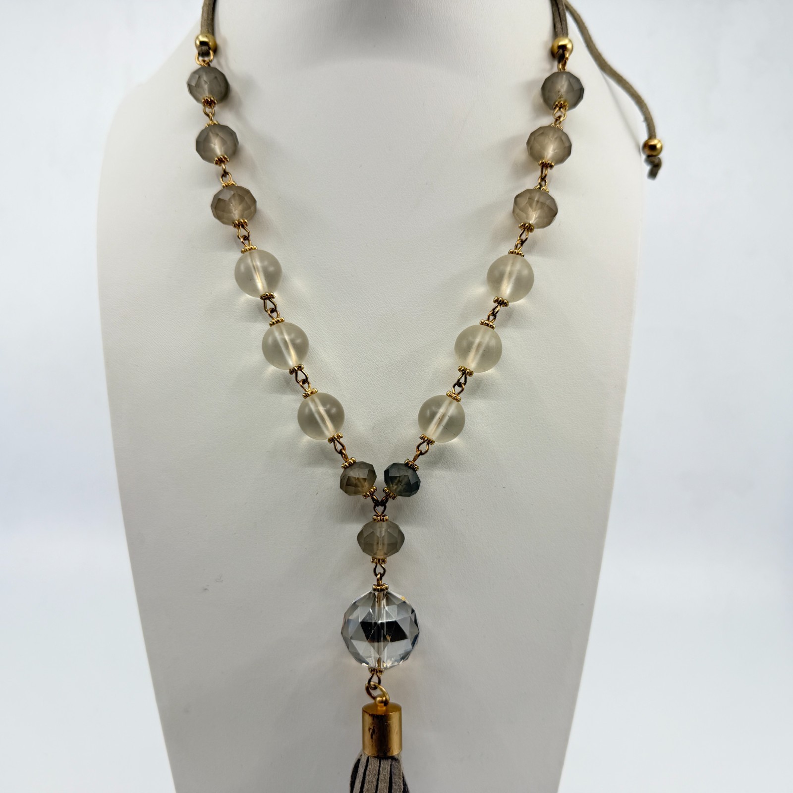 Vintage Boho Suede Tassel Pendant Necklace Gray Glass Beaded Long Statement