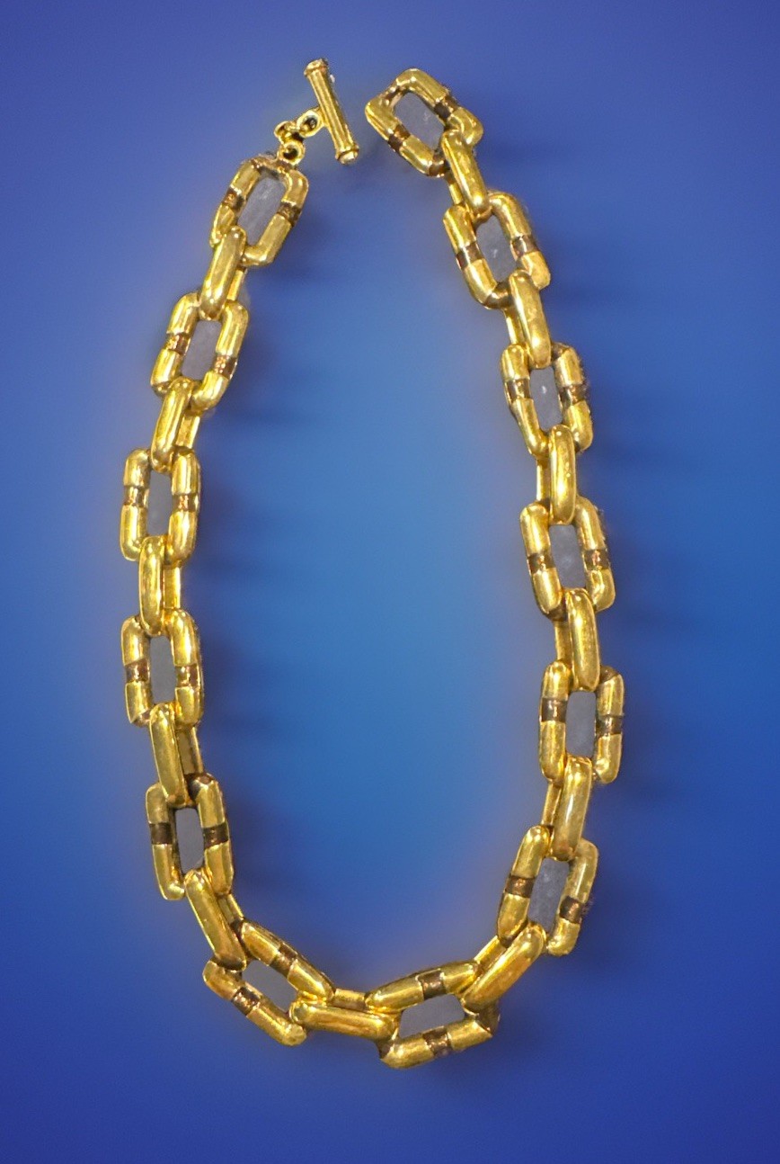 Vintage St John Necklace Chunky Gold Tone Chain Reversible White & Brown Enamel