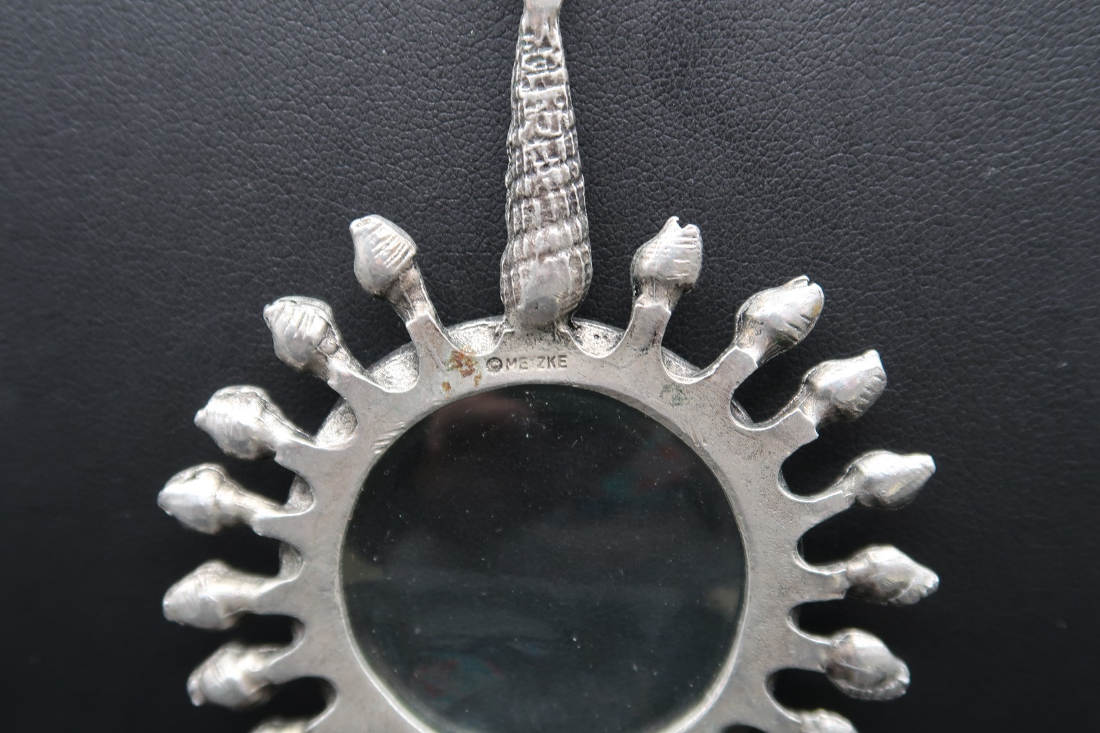 Vtg Pewter Sunburst Magnifying Loupe Pendant Necklace Metzke Signed Shell Bail
