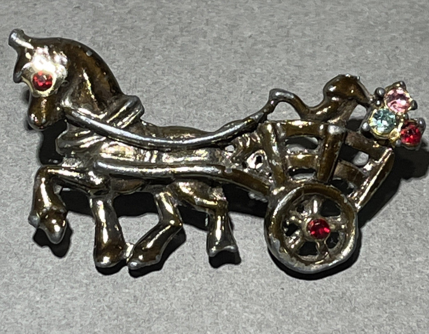 Horse & Carriage Brooch W/ Rhinestone Accent Rollover Safety Lapel Pin