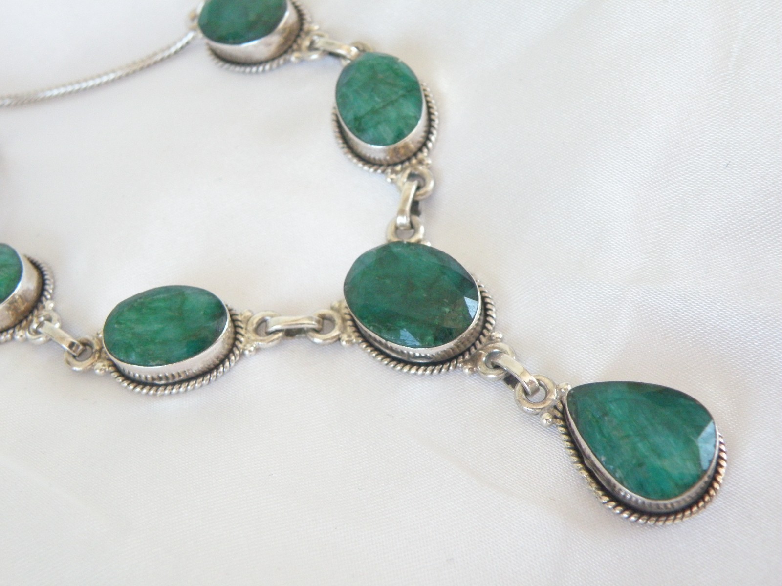 Vintage Sterling Silver 925 Large Natural Raw Emerald Statement Necklace 19″