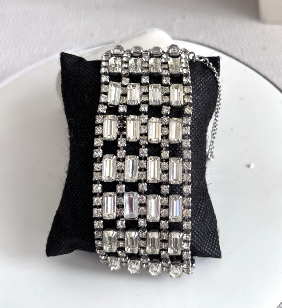 Vintage Emerald Cut And Round Rhinestones Wide Rhinestone Cuff Bracelet