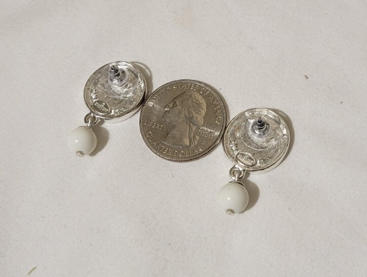 Vintage Givenchy Signed Logo Silver Tone with White Ball Pierced Dangle Earrings