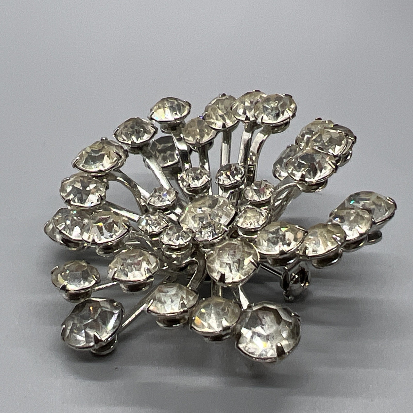 Vintage Rhinestone Starburst Brooch Clear Silver Tone Cluster Dimensional Large