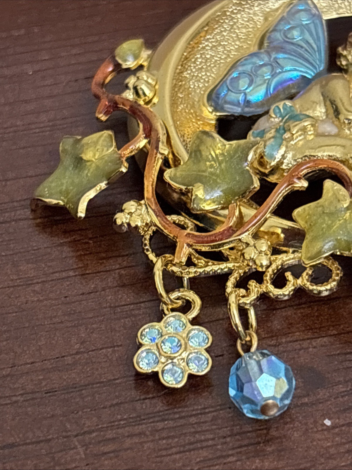 Vintage Kirks Folly Gold Fairy on Crescent Moon Dangle Brooch w Charms 2″