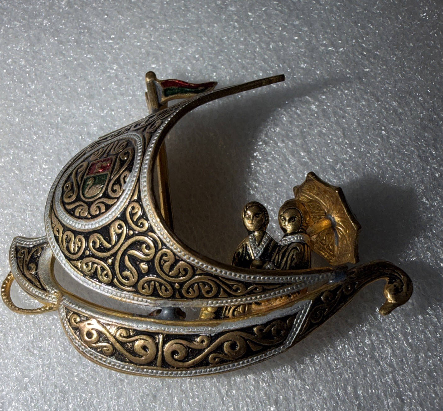 Damascene SAILBOAT PIN Vintage Brooch Goldtone With A Couple Holding Umbrella