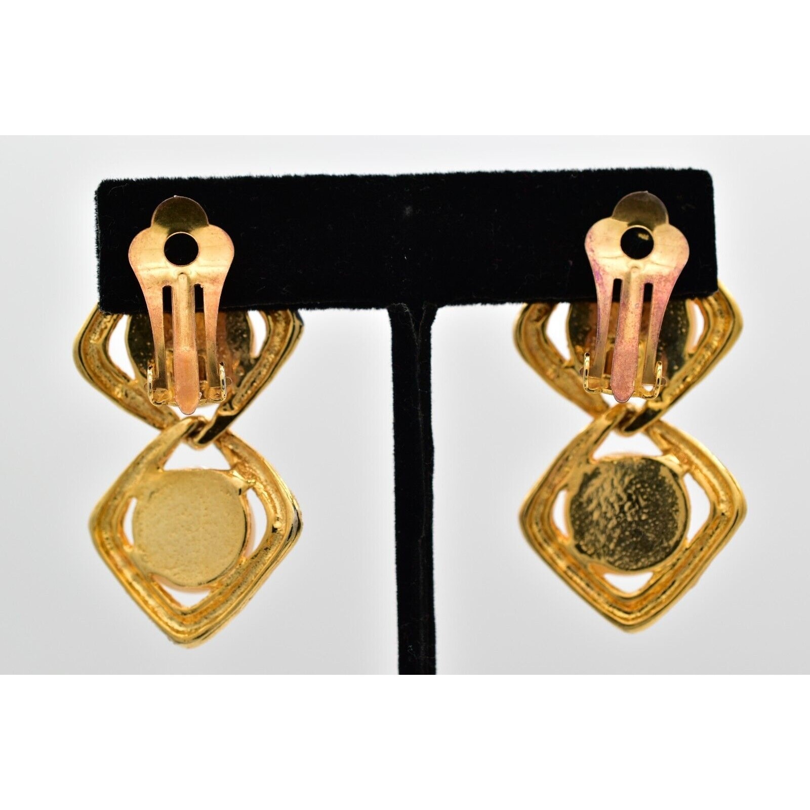 Vintage Dangle Clip Earrings faux Pearl Drop Gold Tone Chunky Shiny 1980s BinAK