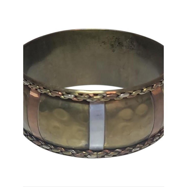 Vintage Mixed Metal Wide Bangle Bracelet Brass Copper Silver Tone Braided Trim