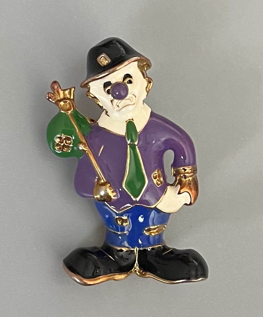 VTG Hobo Clown Brooch Gold Tone Metal Purple-Green-Blue-Black-White 2” Sad Face