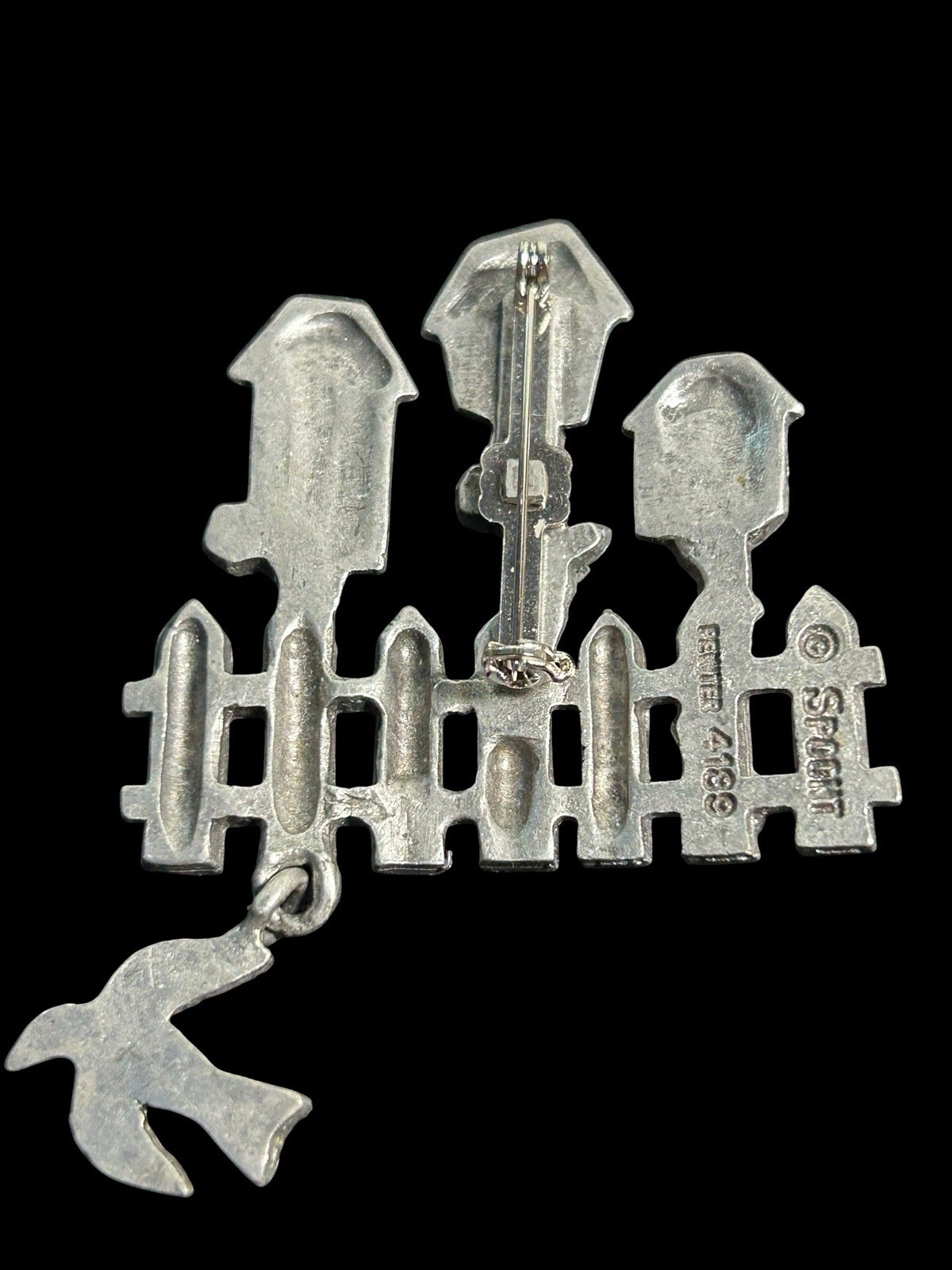 Vintage Spoontiques Birdhouse Brooch Pin Bird Charm Garden Fence Numbered 4189