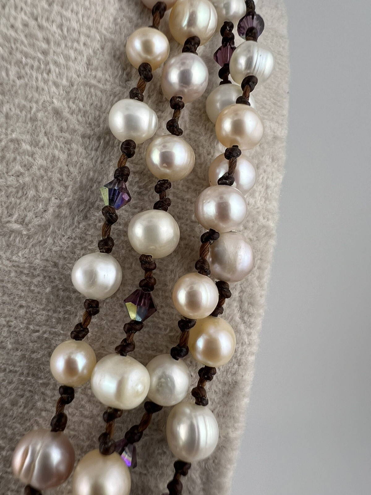 VINTAGE Set of 2 Baroque Pearl Knotted Brown Leather Necklace 20” A53