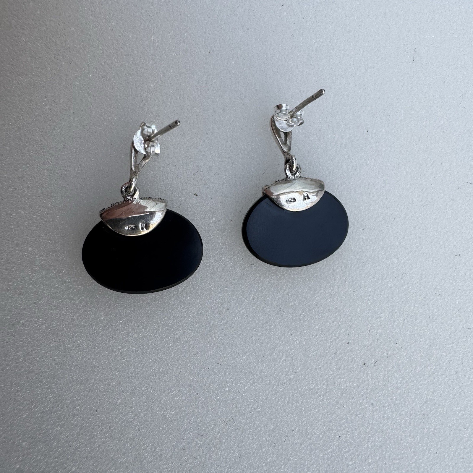Vintage 925 Sterling Silver Black Onyx Marcasite Dangle Earrings Signed R