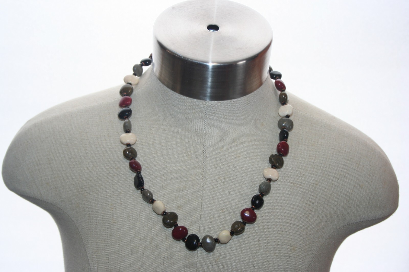Matinee Length Necklace Polished Multicolored Semi-Precious Stone Copper Spacers