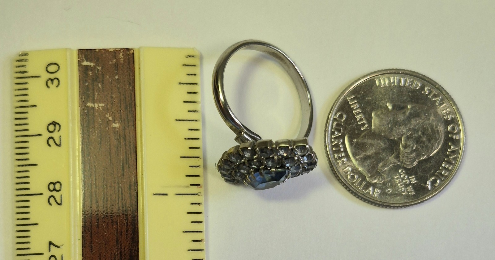 Vintage Blue Rhinestone Marquise Cocktail Ring Silver Tone Adjustable Prong Set