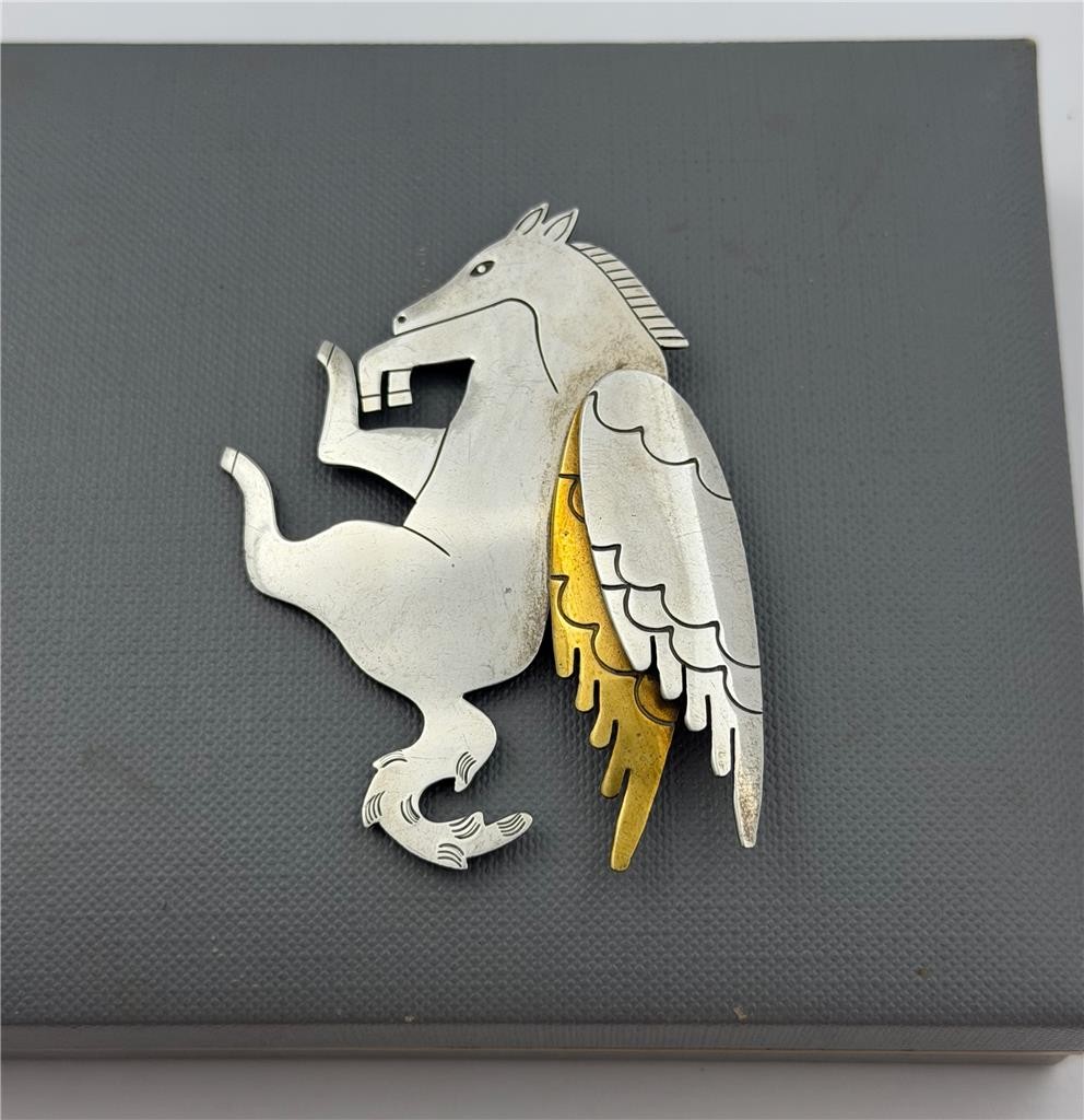 Vintage 925 Sterling Silver & Brass Mexico TS-78 Pegasus Winged Horse Brooch Pin