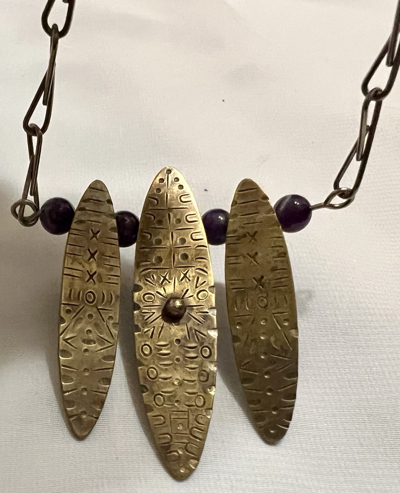 Abstract BRUTALIST Brass Metal AMETHYST BEAD PENDANT & Necklace Chain VINTAGE