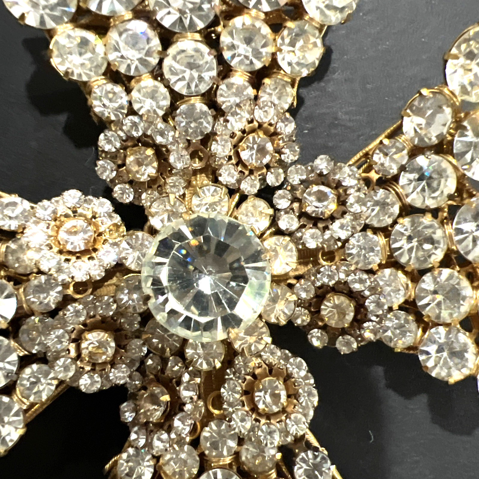 VTG. SIGNED MIRIAM HASKELL RHINESTONE MALTESE CROSS on RIBBON & CROSS BAR BROOCH