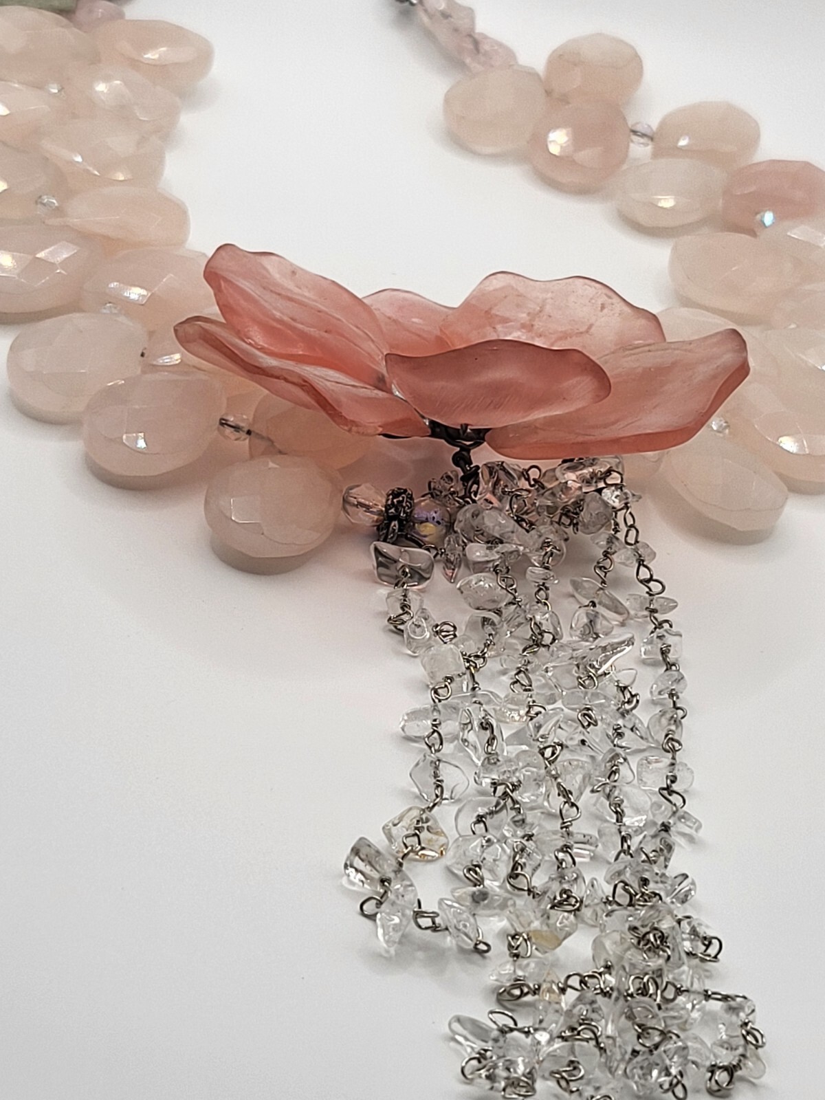 STUNNING Vintage MAYA Faceted Rose Quartz Rock Crystal Large Flower Necklace