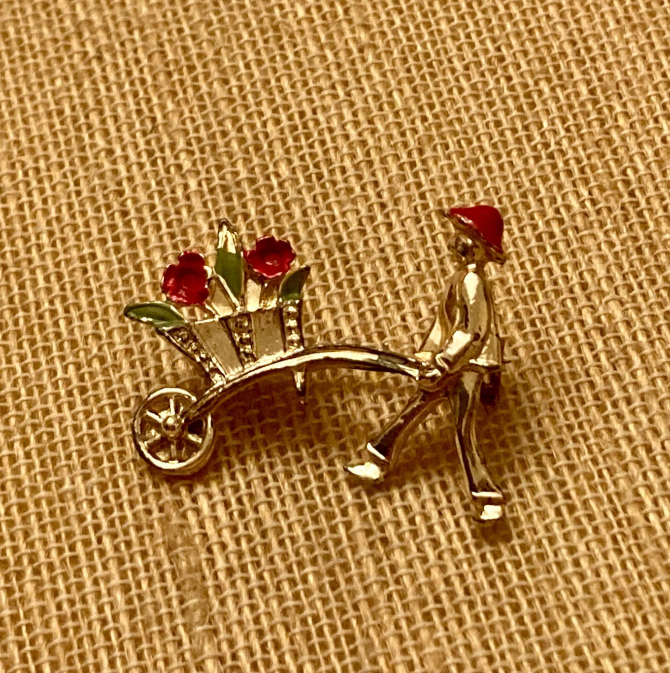 Vintage Gardner Brooch Pin Flowers Wheelbarrow Spring Wear