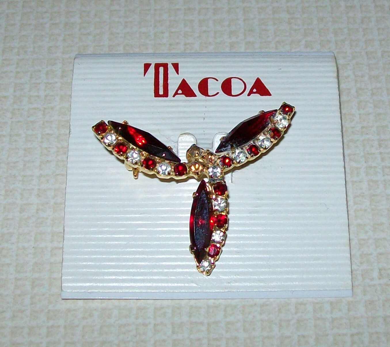 Vintage New on Card Tacoa Gold Tone Metal Red Clear Rhinestone Pin Brooch