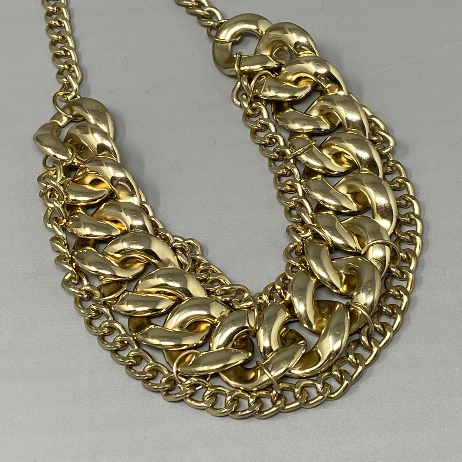 Designer Gold Tone Bib Chain Necklace Lightweight Curb Link Statement Collar 17″