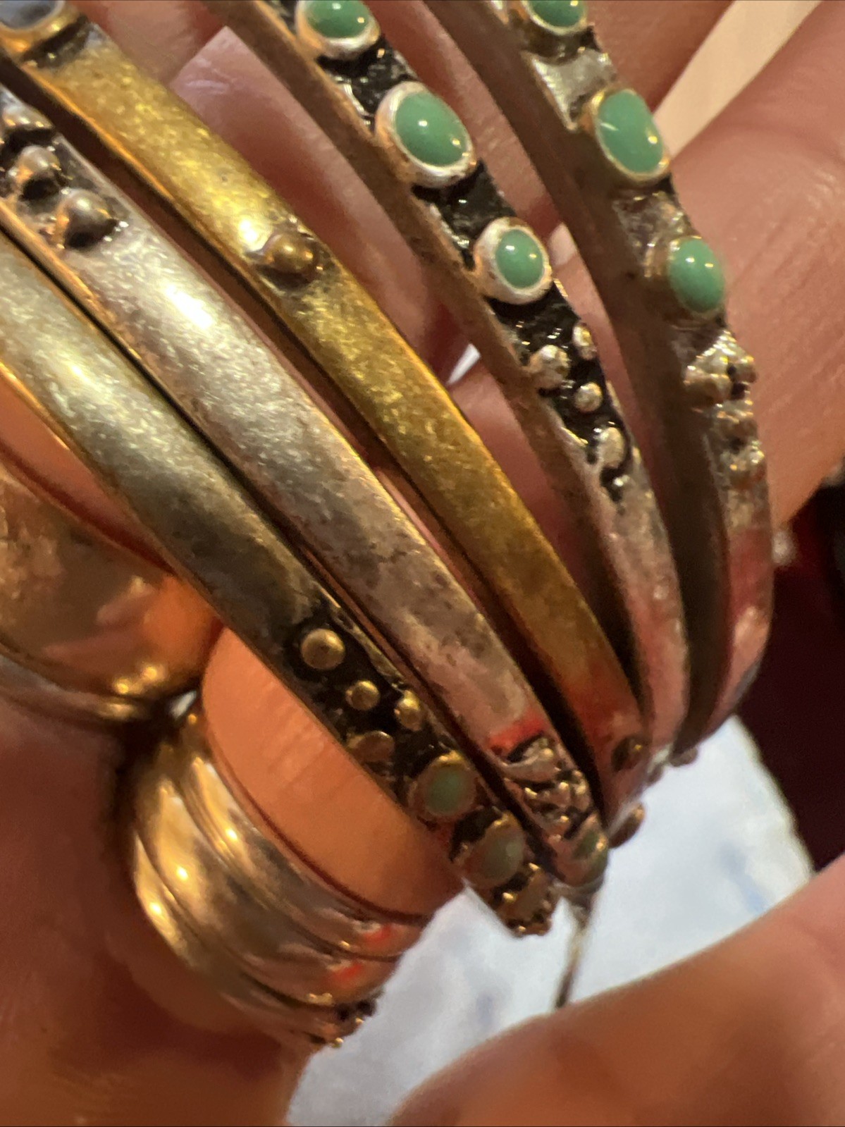 Vtg Brass Silver Tone 5 Stacking Southwest Turquoise Enamel Bangle Bracelet Lot