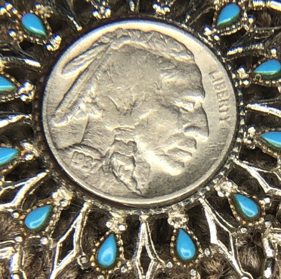 Vintage 1970s Buffalo Nickel Coin Pendent Faux Turquoise Silver Tone Necklace