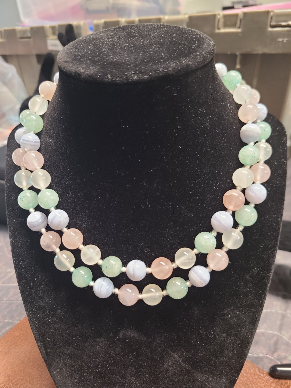 Vintage Jadeite Jade Bead Necklace 32” Knotted Pastel Colors 10mm 97.5g