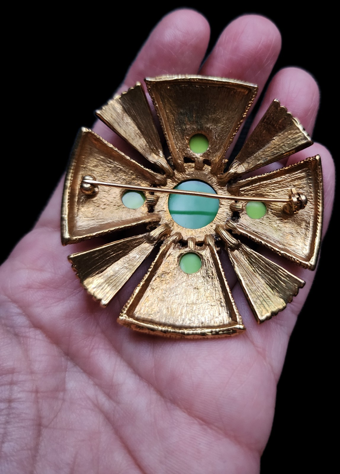 HUGE Vintage Green Lucite Textured Brutalist Medallion MCM Brooch
