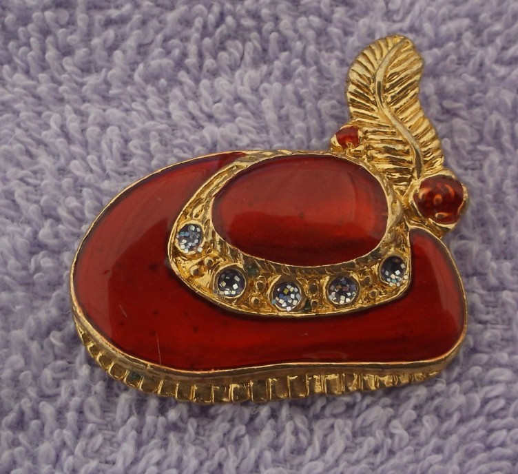 Vintage Red Hat Society Type Hat Pin ~ Red Hat With Feather