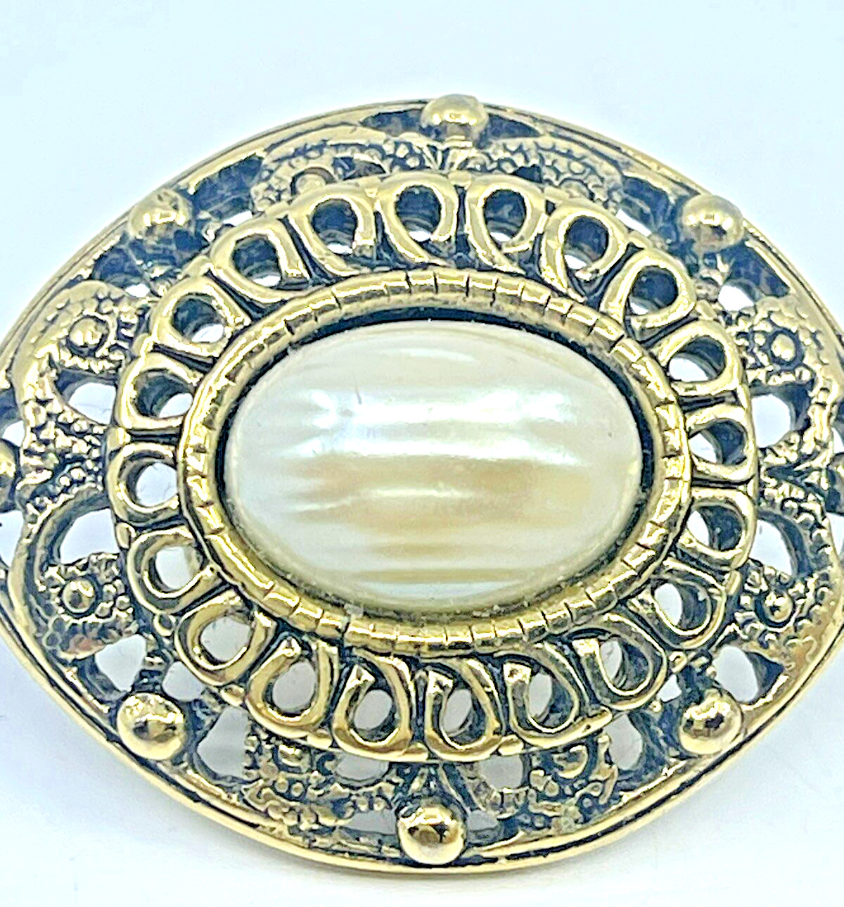 VTG MCM Pearl Gold Tone Brooch Clip- On Earring & Adjustable Ring LOT