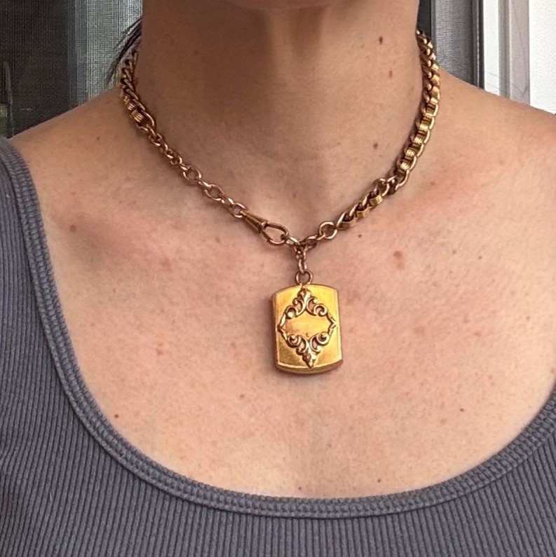 Antique Victorian Gold Filled Watch Chain Fob Locket Necklace Dog Clip