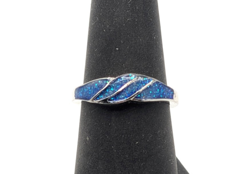 925 Sterling Silver & Inlaid Blue Opal Gemstone Ring Size 8