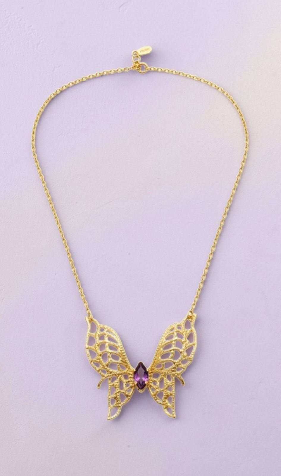 14KGE Lindenwold Gold Electroplated Marquise Purple Amethyst Butterfly Necklace