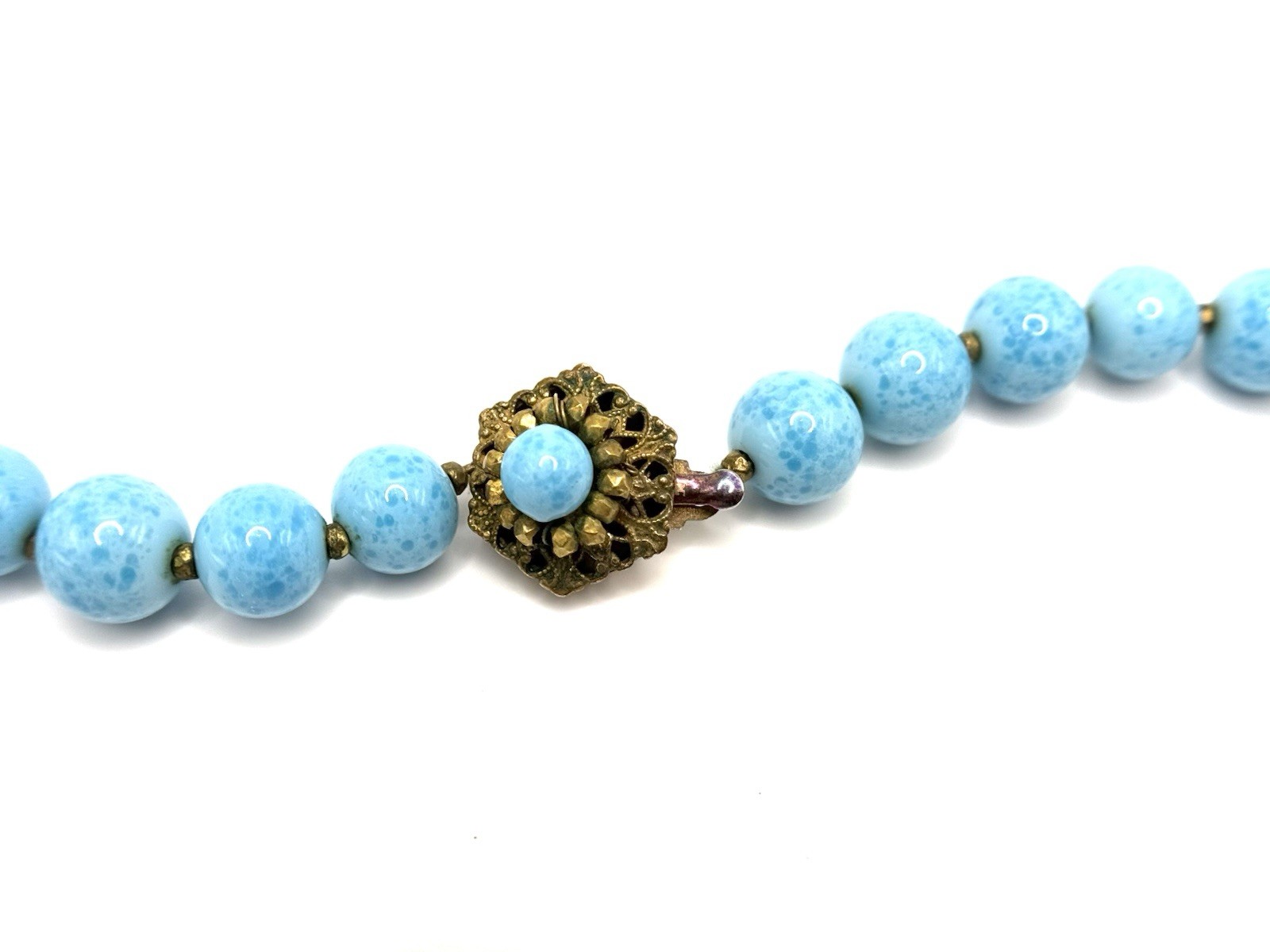 Vintage Miriam Haskell Turquoise Glass Bead Necklace Filigree Signed 24 in 9 mm