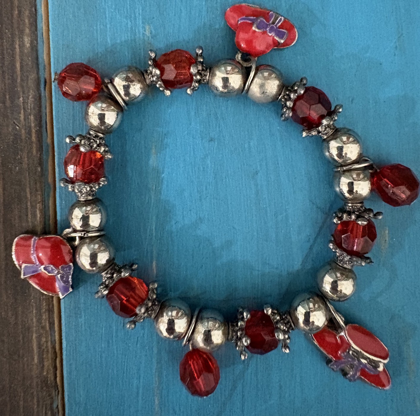 Vintage Red Hat Society Stretch Red and Silver Beaded Charm Bracelet