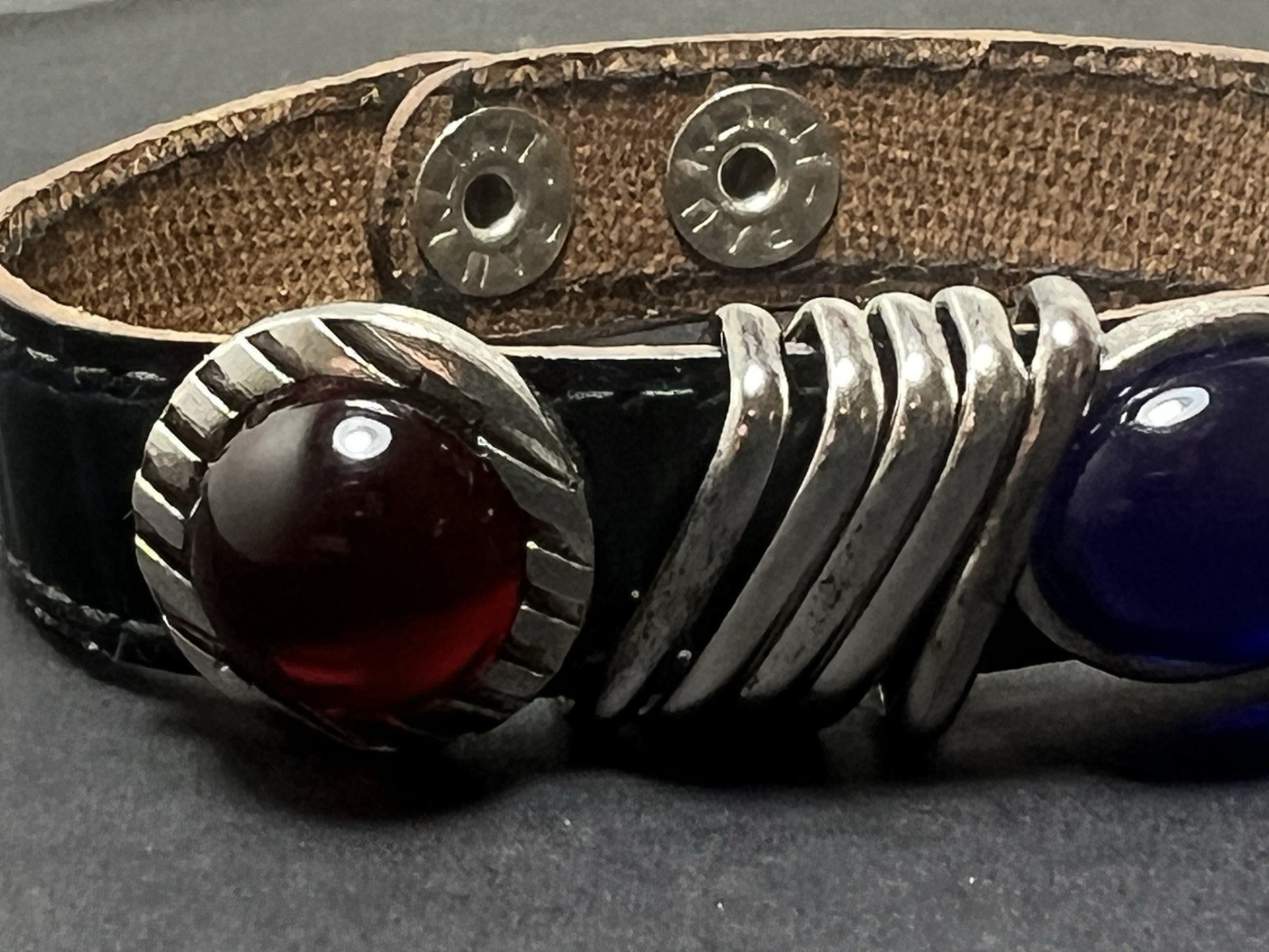 RARE 80s Rau Klikit Blue Leather Cuff Bracelet Punk Western Retro VTG Statement