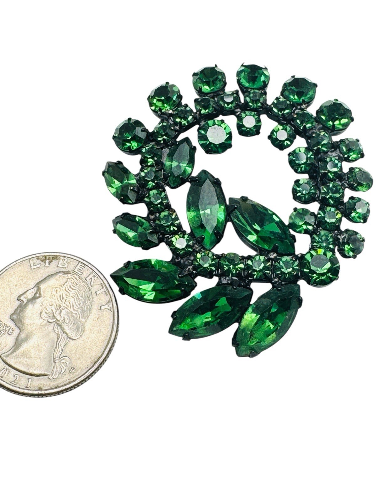 Vintage Weiss Signed Dark Green Rhinestone Brooch Pin Nice