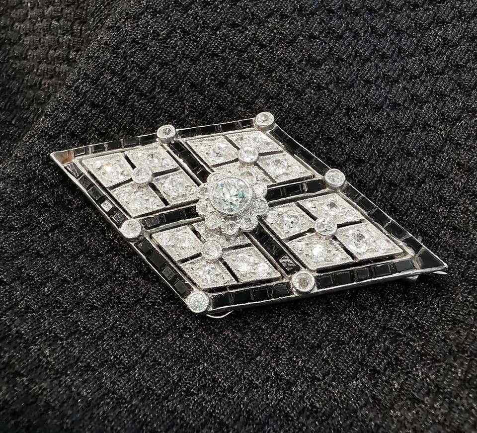 One Of A Kind Lozenge Shape Vintage Brooch With Black Shiny Onyx & Pure White CZ