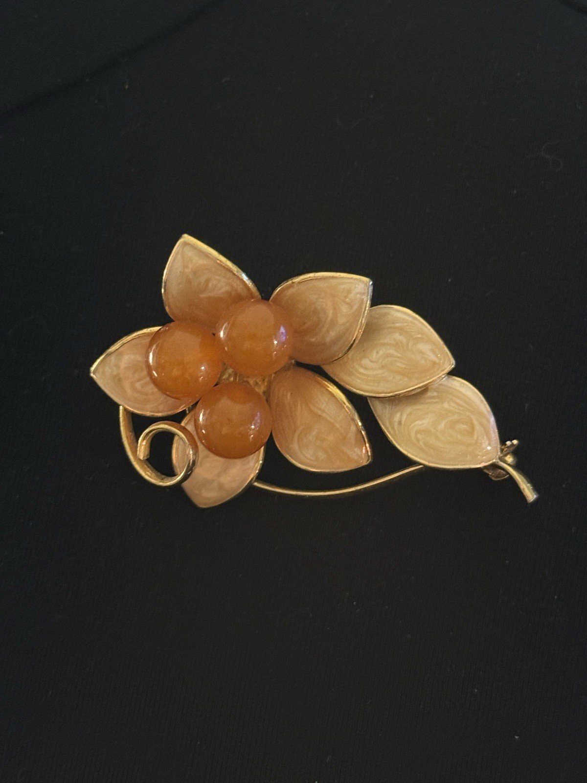 Gold Tone, Enamel And Acrylic Orange Berry/Flower Spray Brooch Pin