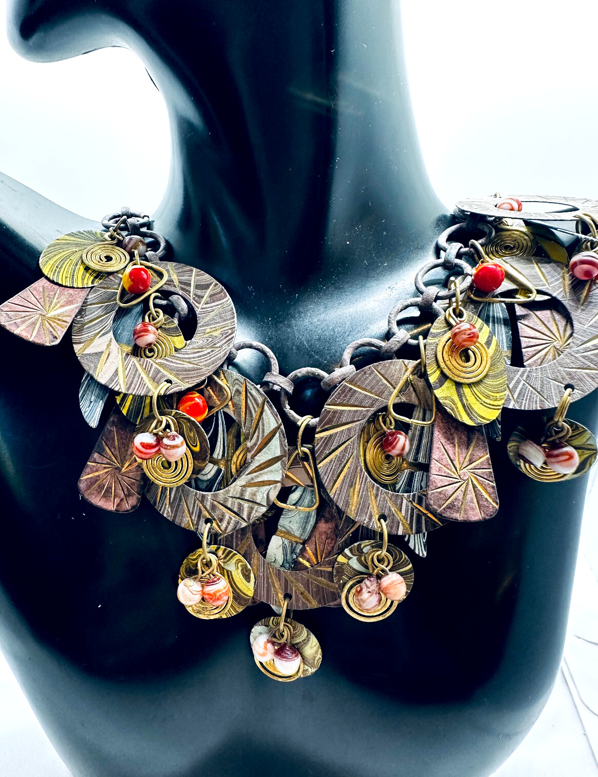 Vtg 1980s Fab Enamel Artisan Layered Metal Dangle Purple Pink Red Necklace