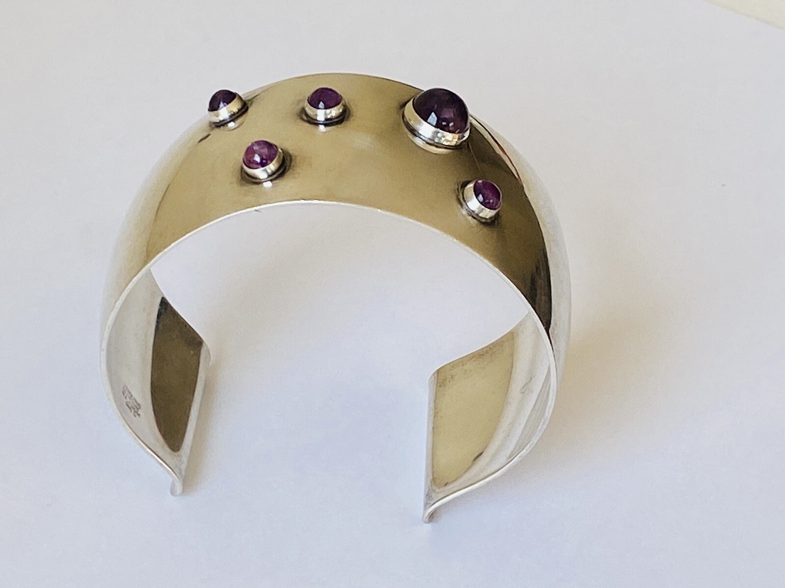 Heavy Vintage N E FROM Denmark Sterling Silver Amethyst Modernist Cuff Bracelet