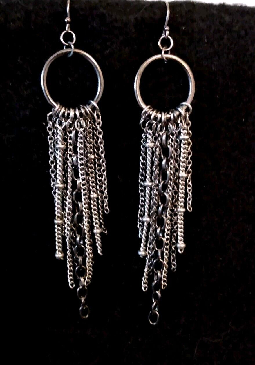 Vintage Dark Silver Tone Metal Ring w/Multi Chain Dangle Shoulder Duster Earring