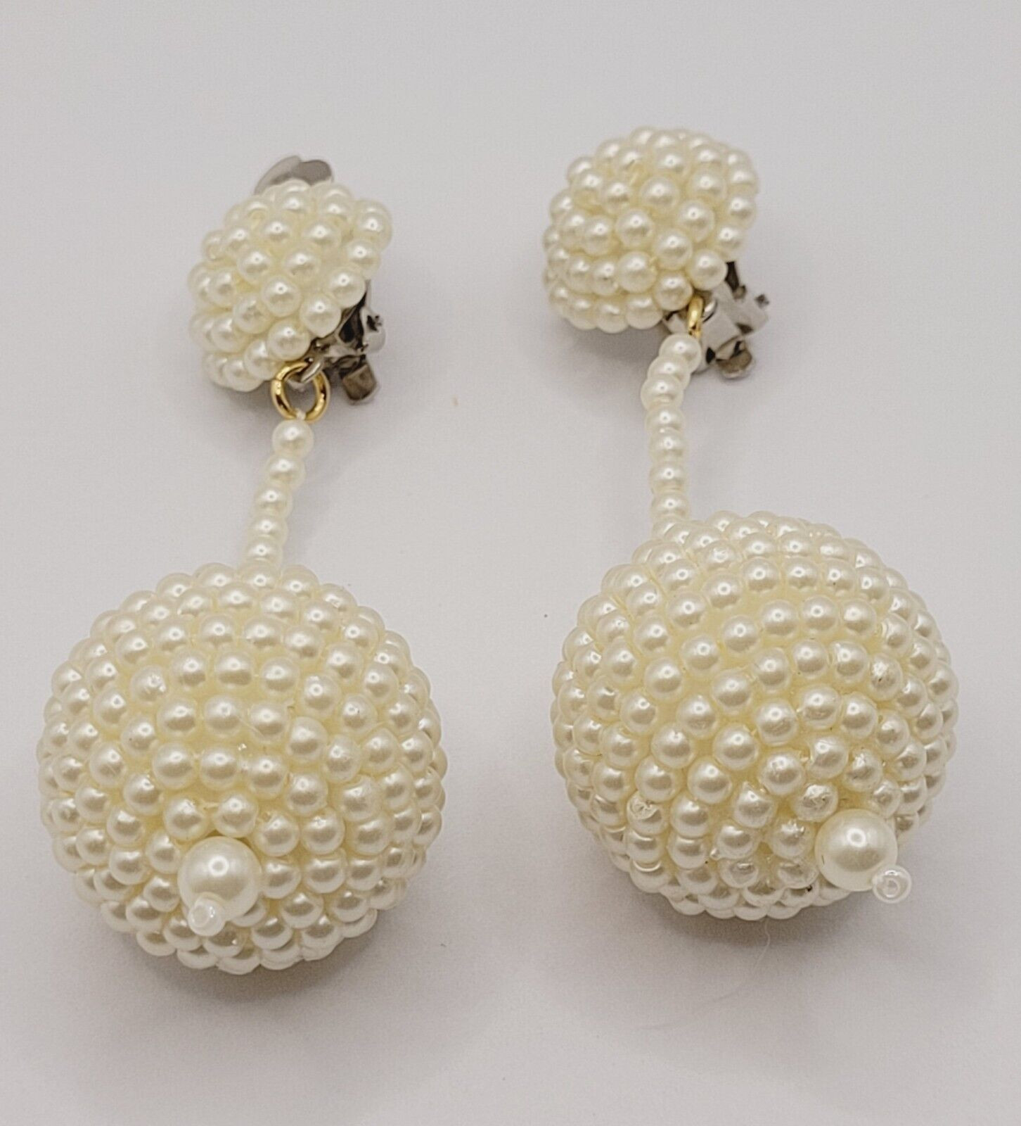 Unique Ball Drop Dangle with Faux Pearl Long Beaded Costume Clip On Earrings