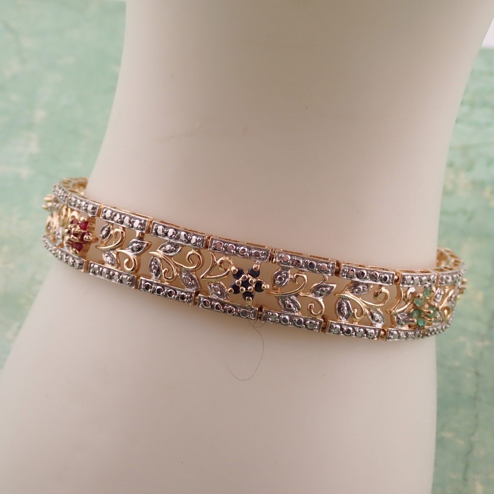 VTG Ross Simons Ruby Sapphire Emerald Flower Gold Over Sterling Silver Bracelet
