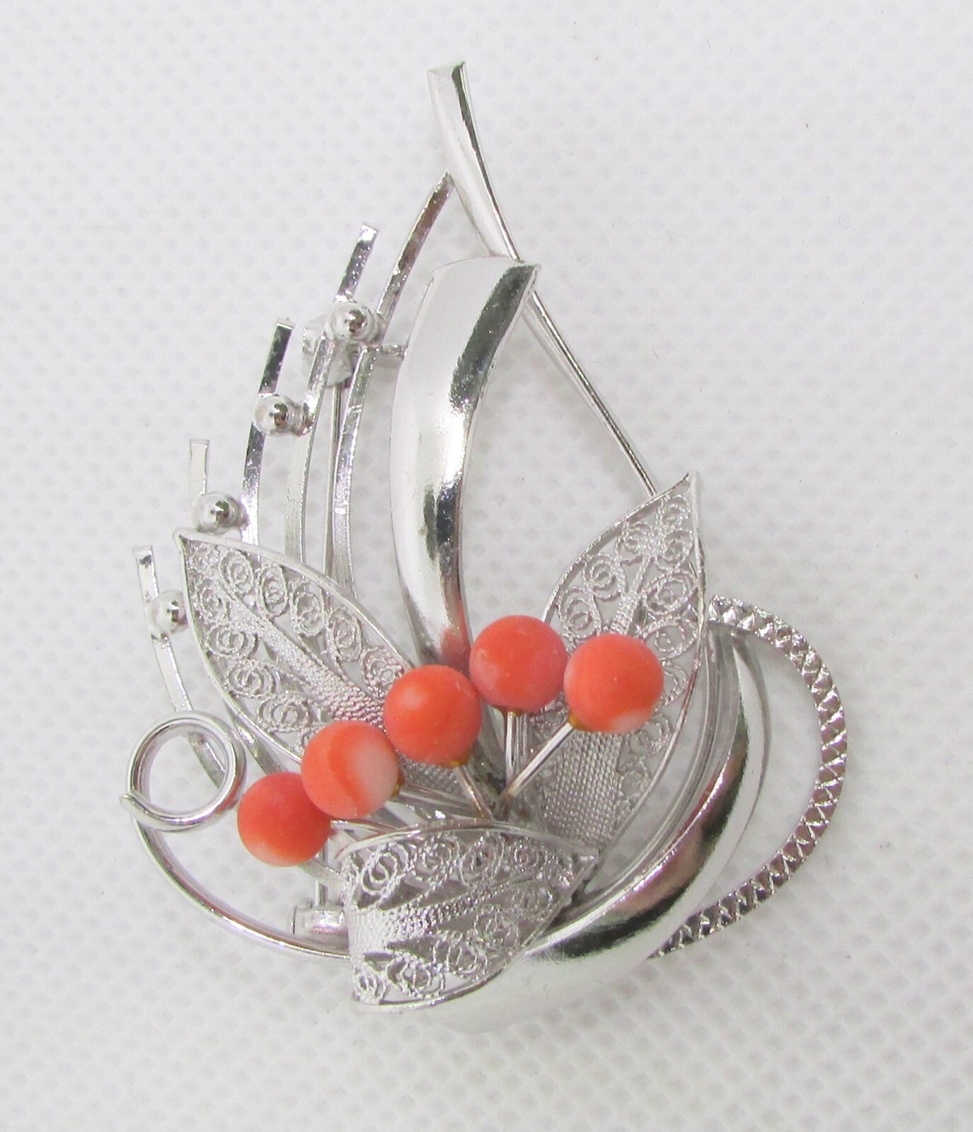 925 STERLING SILVER VINTAGE RED CORAL FILIGREE FLORAL BROOCH 53X39MM ~ 9.9G